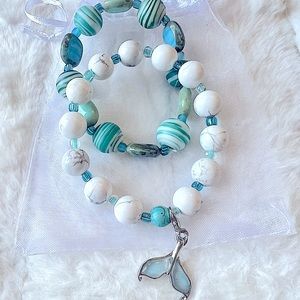 Animal, Whale & Dolphin Lovers Green, White & Blue Beaded Stone Bracelet set